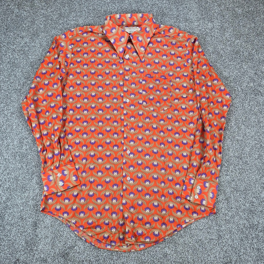 Vintage 70s Tarleton Shirt Mens Large Orange Cherub Print Disco Point Collar